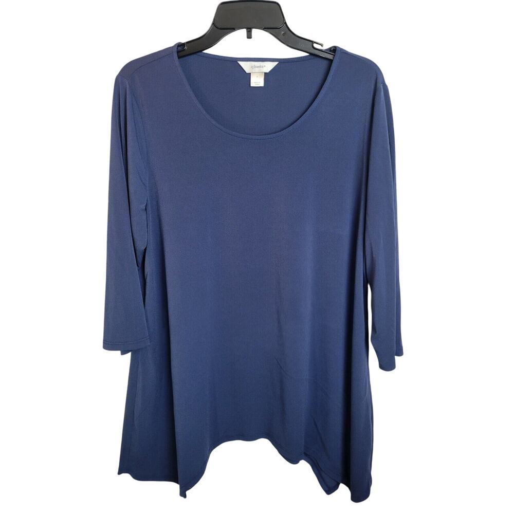 CJ Banks Navy Blue Handkerchief Hem Relaxed Fit 3/4 Sleeve Top Women's Size X